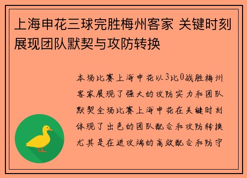 上海申花三球完胜梅州客家 关键时刻展现团队默契与攻防转换